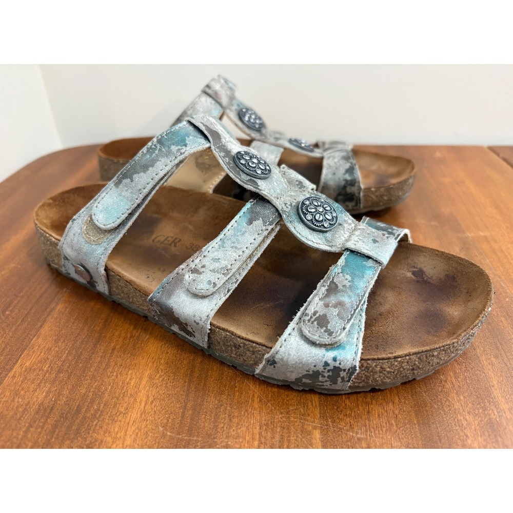 Haflinger Alice Sandal Metallic Distressed Cork Footbed Silver Blue Size 38